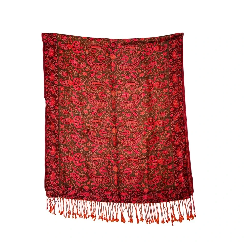 Pashmina Red Orange Paisley Silk Cashmere Blend Fringed Shawl Wrap Scarf Elegant